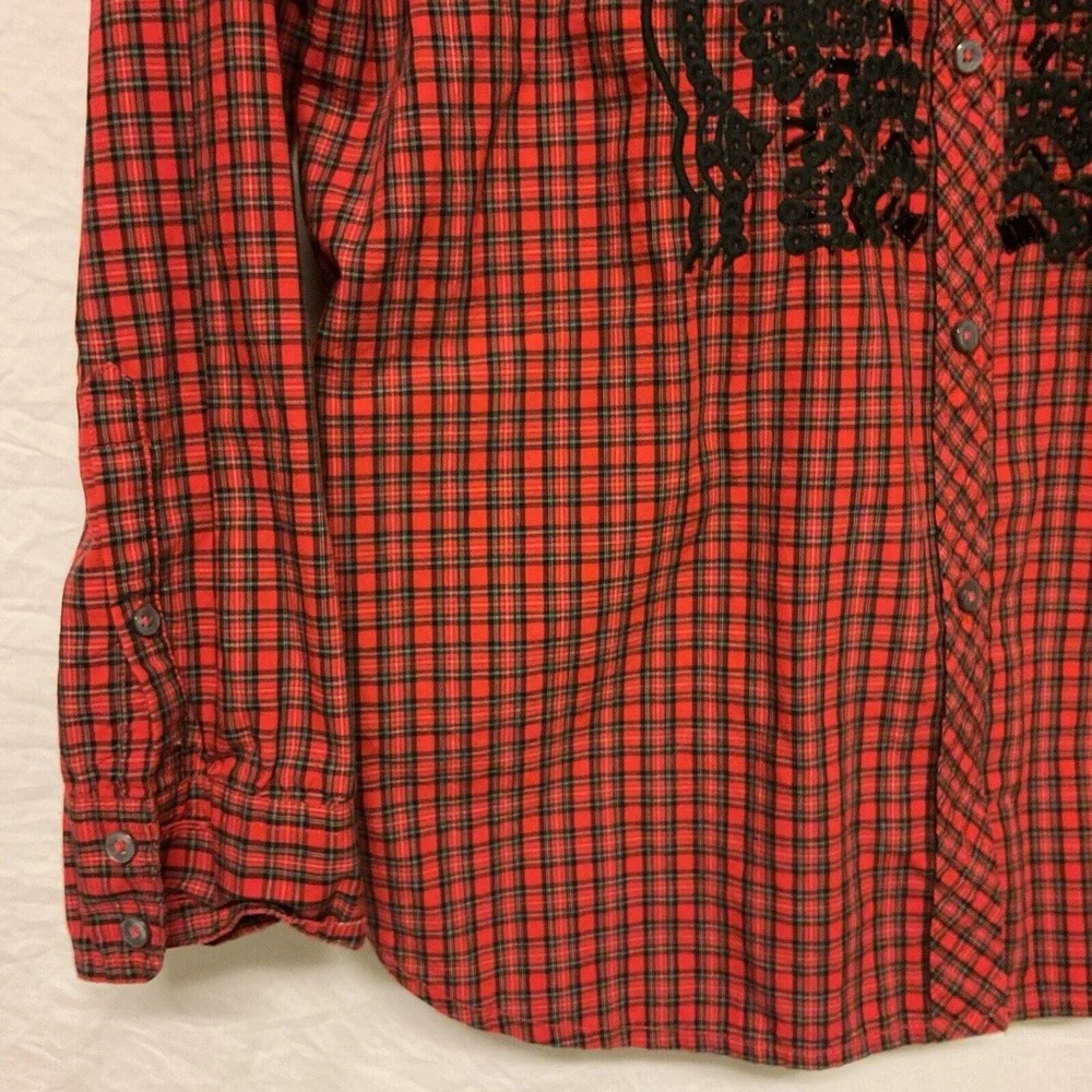 Women's J Crew Red Plaid Shirt Embroidered Sz‎ 8 Button Down Top Western Beaded